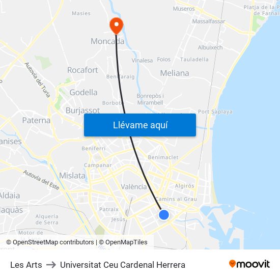 Les Arts to Universitat Ceu Cardenal Herrera map
