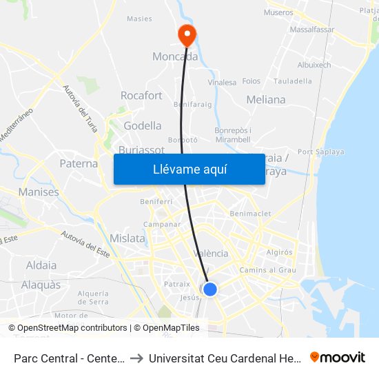 Parc Central to Universitat Ceu Cardenal Herrera map