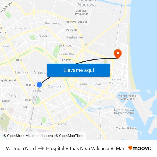 Valencia Nord to Hospital Vithas Nisa Valencia Al Mar map