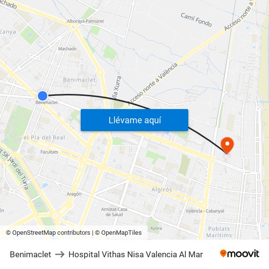 Benimaclet to Hospital Vithas Nisa Valencia Al Mar map