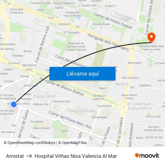 Amistat to Hospital Vithas Nisa Valencia Al Mar map