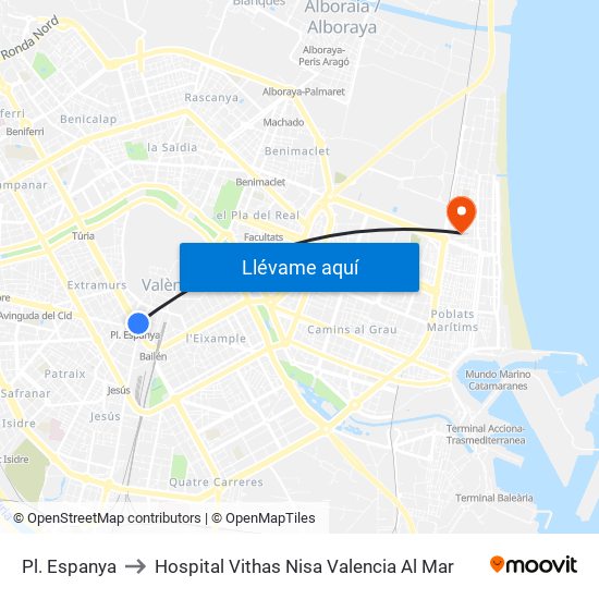 Pl. Espanya to Hospital Vithas Nisa Valencia Al Mar map