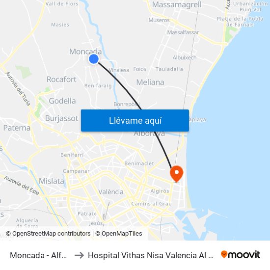 Moncada - Alfara to Hospital Vithas Nisa Valencia Al Mar map