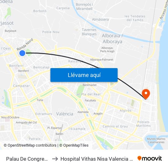 Palau De Congressos to Hospital Vithas Nisa Valencia Al Mar map