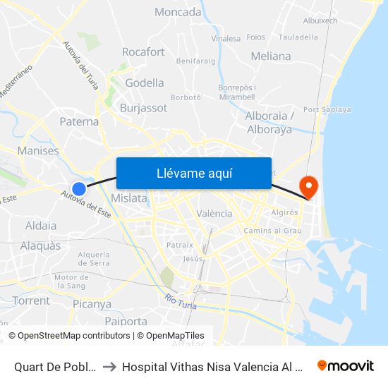 Quart De Poblet to Hospital Vithas Nisa Valencia Al Mar map