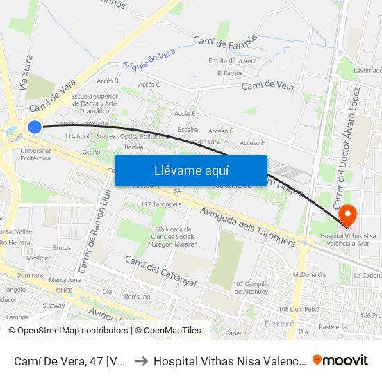 Camí De Vera, 47 [València] to Hospital Vithas Nisa Valencia Al Mar map