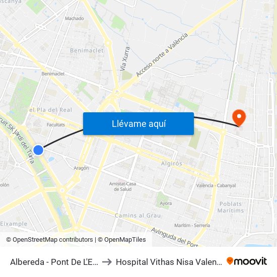 Albereda to Hospital Vithas Nisa Valencia Al Mar map