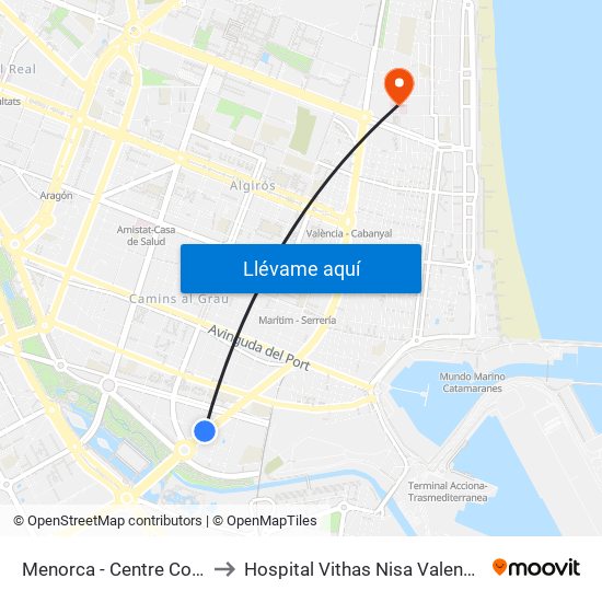 Menorca -  Centre Comercial to Hospital Vithas Nisa Valencia Al Mar map