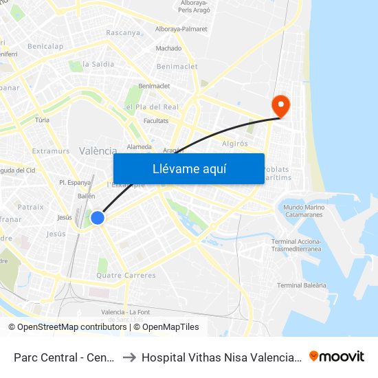 Parc Central to Hospital Vithas Nisa Valencia Al Mar map