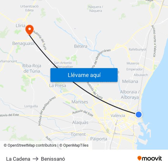 La Cadena to Benissanó map