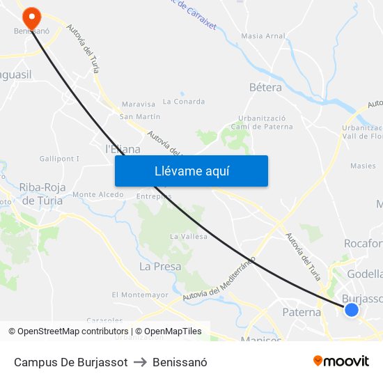 Campus De Burjassot to Benissanó map