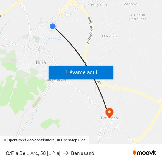 C/Pla De L Arc, 58 [Llíria] to Benissanó map