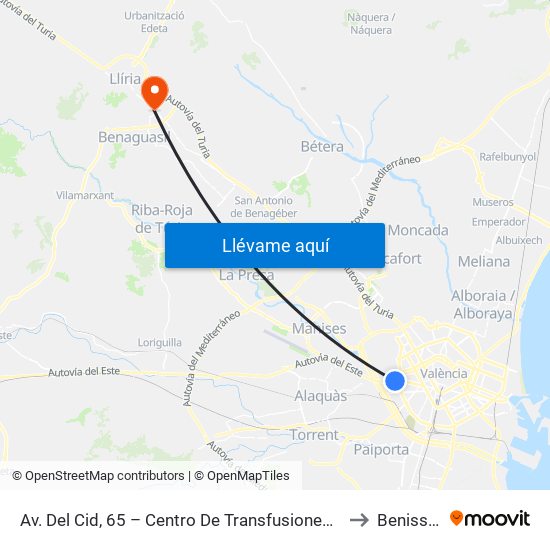 Av. Del Cid, 65 – Centro De Transfusiones [València] to Benissanó map