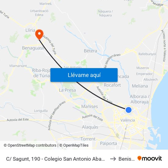C/ Sagunt, 190 - Colegio San Antonio Abad Salesianos [València] to Benissanó map
