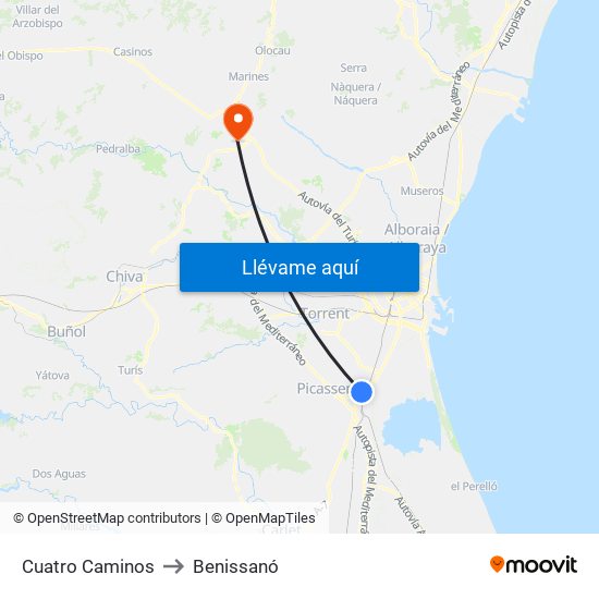 Cuatro Caminos to Benissanó map