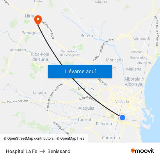 Hospital La Fe to Benissanó map