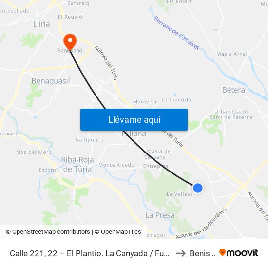 Calle 221, 22 – El Plantio. La Canyada / Fuente Del Jarro [Paterna] to Benissanó map