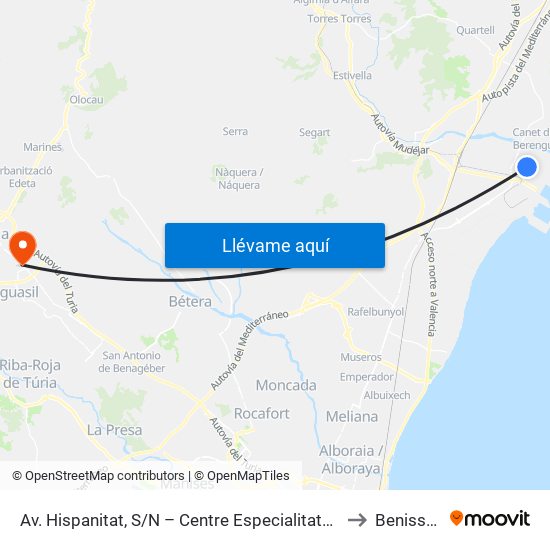Av. Hispanitat, S/N – Centre Especialitats [Sagunt] to Benissanó map