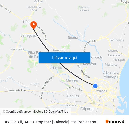 Av. Pío Xii, 34 – Campanar [València] to Benissanó map