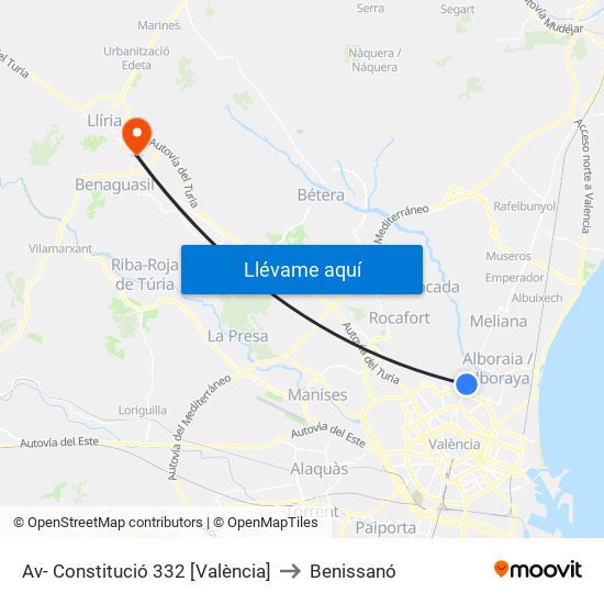 Av- Constitució 332 [València] to Benissanó map