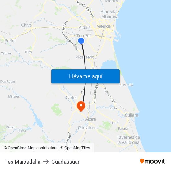 Ies Marxadella to Guadassuar map