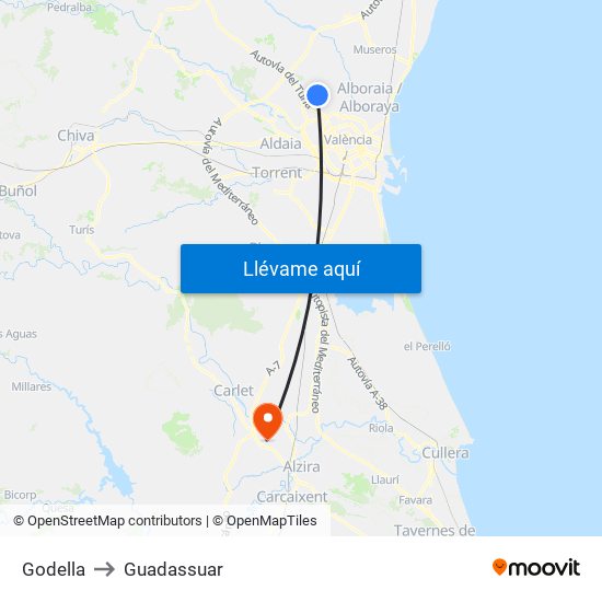 Godella to Guadassuar map