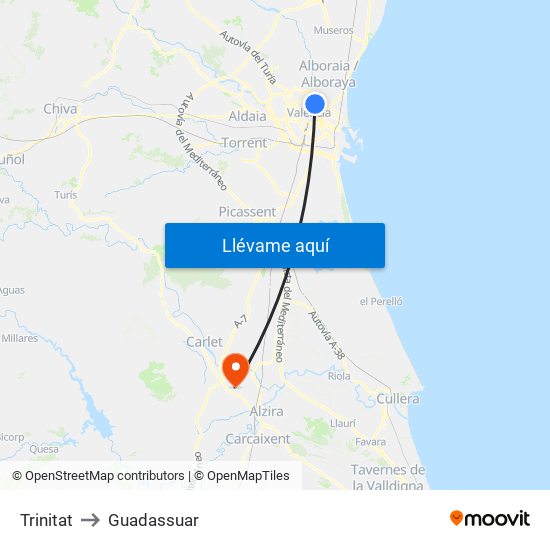 Trinitat to Guadassuar map