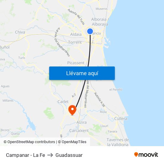 Campanar - La Fe to Guadassuar map