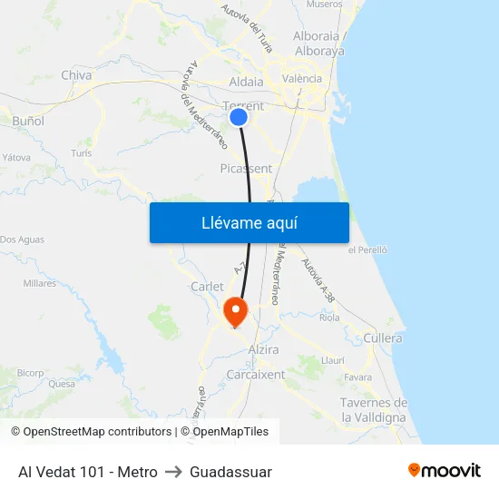 Torrent. Al Vedat 101 (Metro) to Guadassuar map
