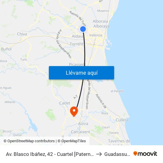 Av. Blasco Ibáñez, 42 - Cuartel [Paterna] to Guadassuar map