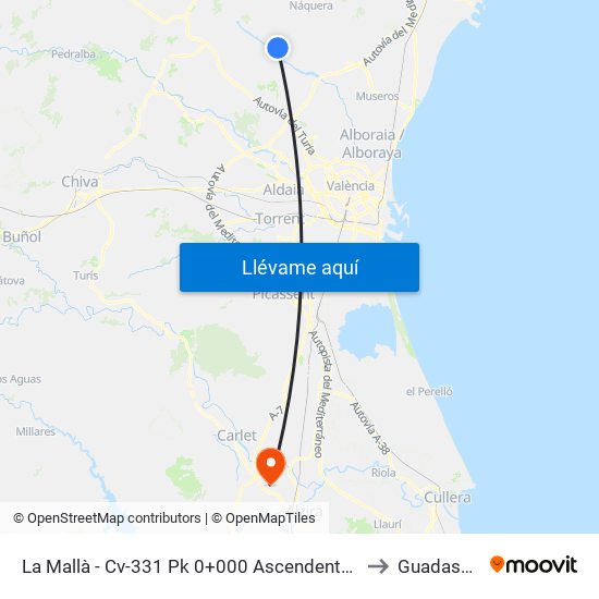 La Mallà - Cv-331 Pk 0+000 Ascendente [Bétera] to Guadassuar map