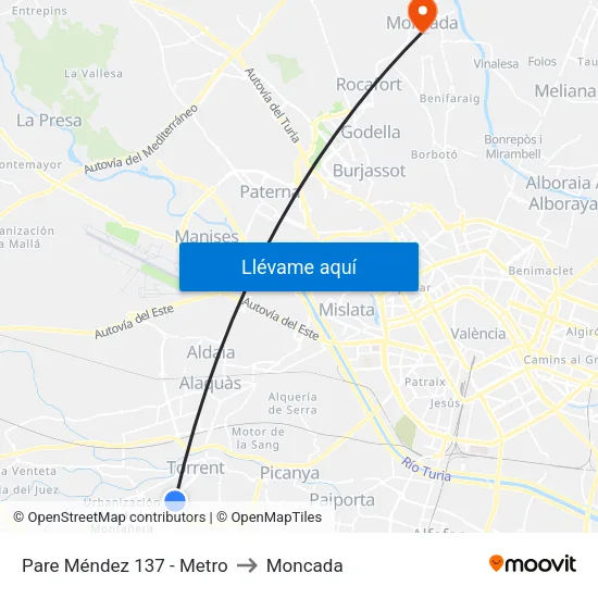 Padre Méndez - Metro to Moncada map