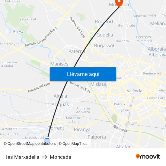 Ies Marxadella to Moncada map