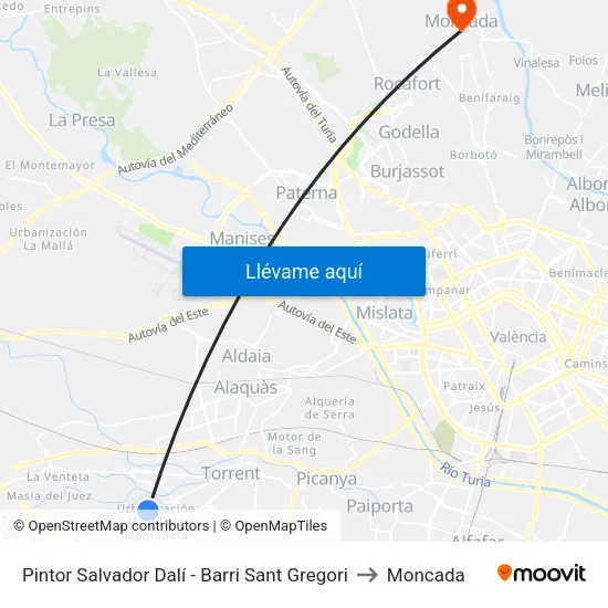 Pintor Salvador Dalí - Barri Sant Gregori to Moncada map
