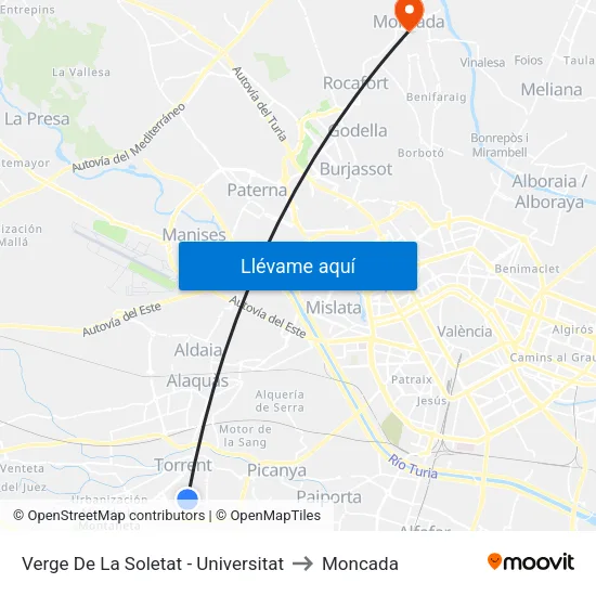 Verge De La Soletat - Universitat to Moncada map