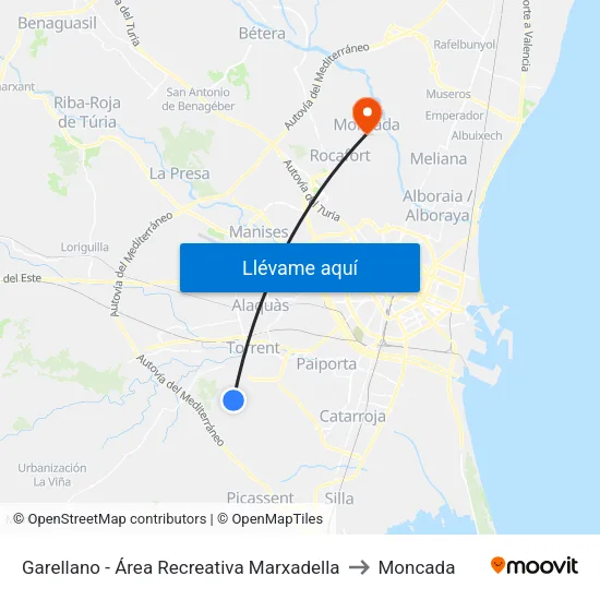 Garellano - Área Recreativa Marxadella to Moncada map