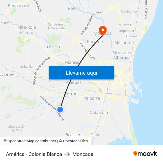 América - Colonia Blanca to Moncada map