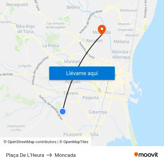 Plaça L´Heura to Moncada map