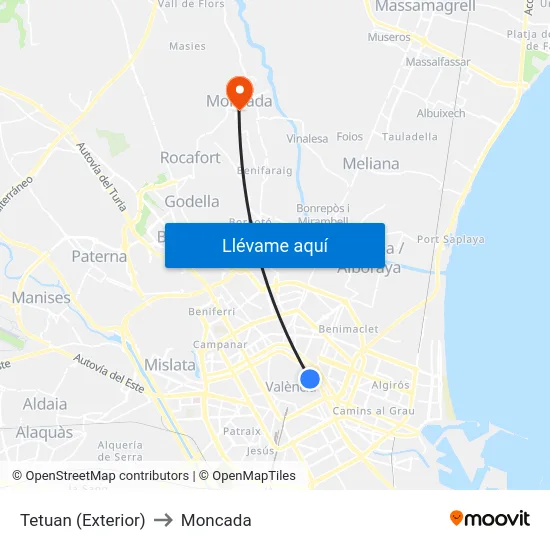 Tetuan (Exterior) to Moncada map