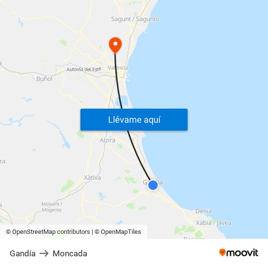 Gandía to Moncada map