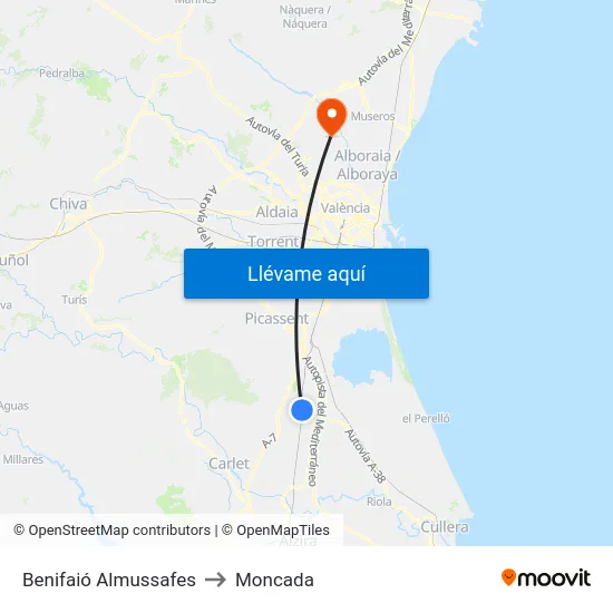 Benifaió Almussafes to Moncada map