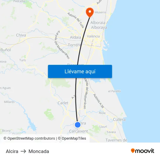 Alcira to Moncada map