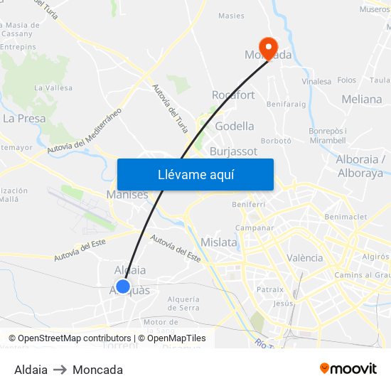 Aldaia to Moncada map