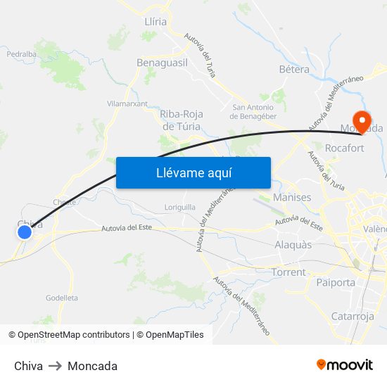 Chiva to Moncada map