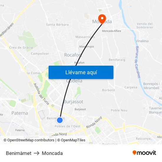 Benimàmet to Moncada map
