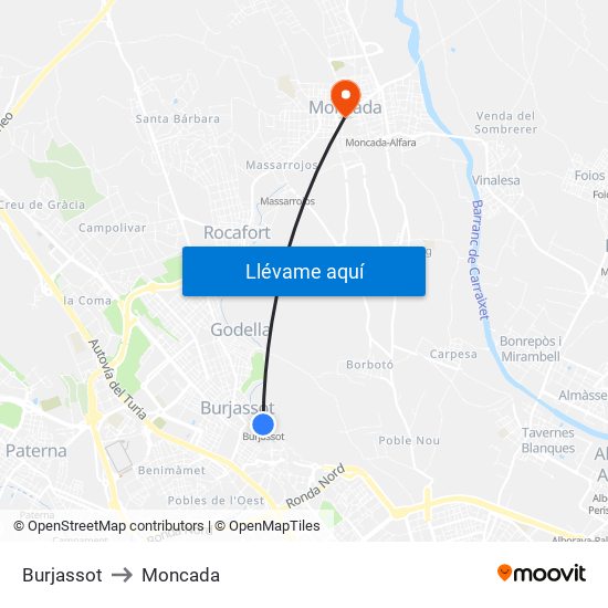 Burjassot to Moncada map
