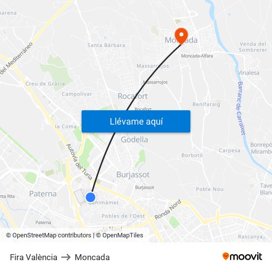 Fira València to Moncada map