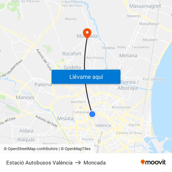 Estació Autobusos València to Moncada map