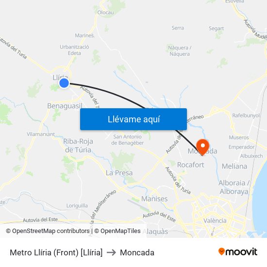 Metro Llíria (Front) [Llíria] to Moncada map