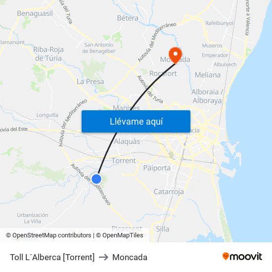 Toll L´Alberca [Torrent] to Moncada map